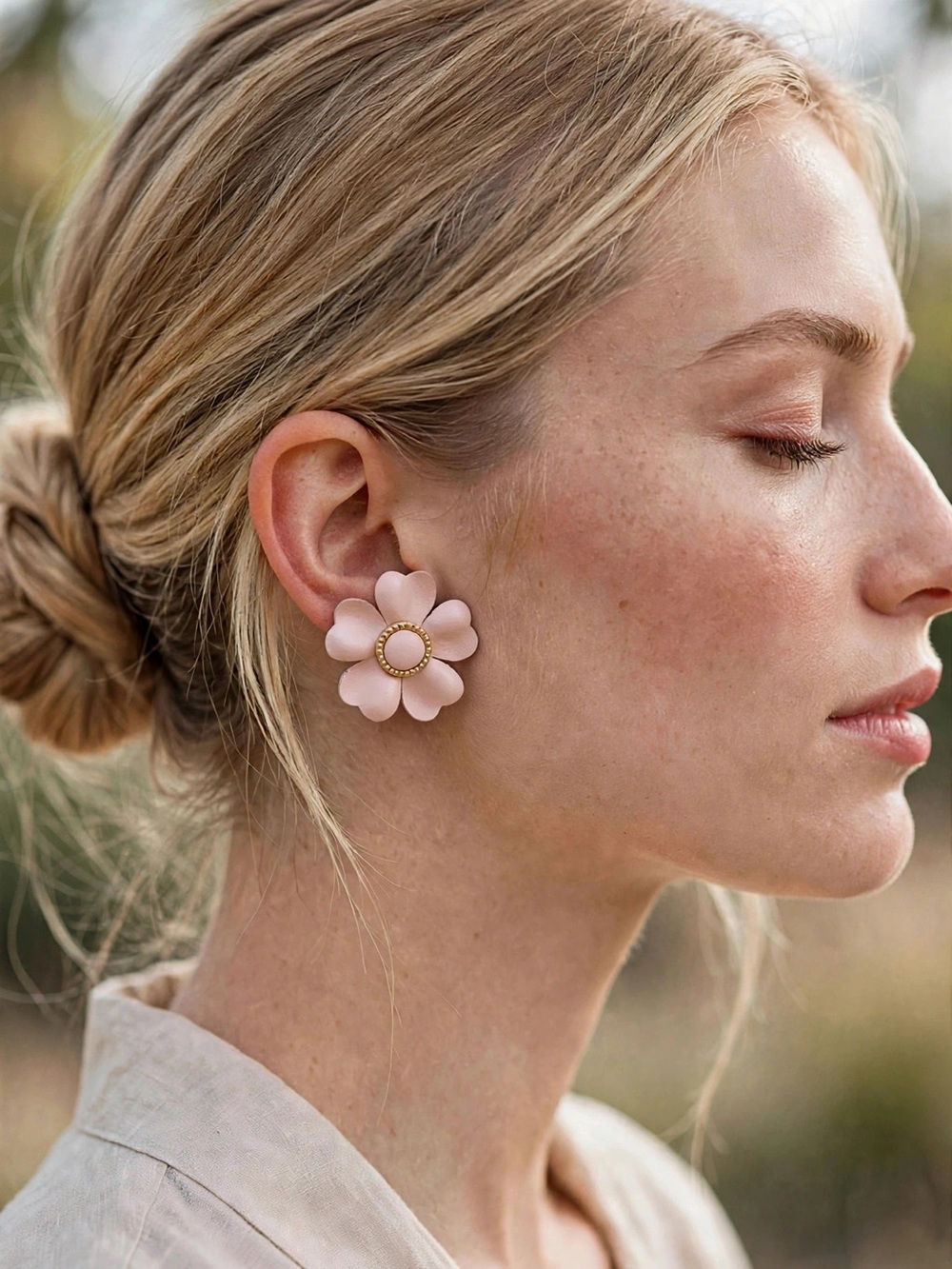 New Pink Leather Flower Stud Earrings S925 Silver Posts For Women E098